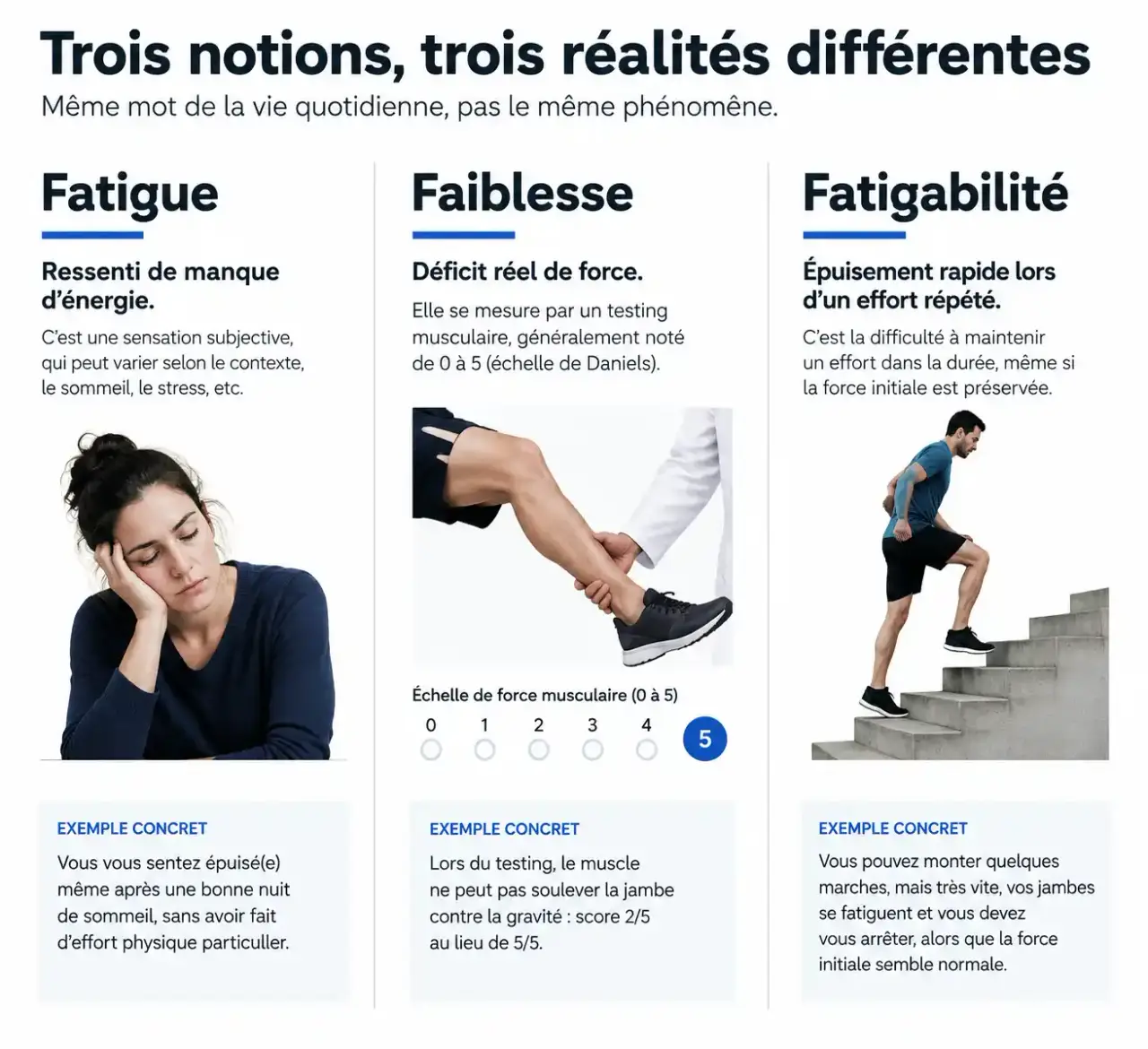 Différence entre fatigue, faiblesse et fatigabilité musculaire en cas d'essoufflement, fatigue et douleurs musculaires