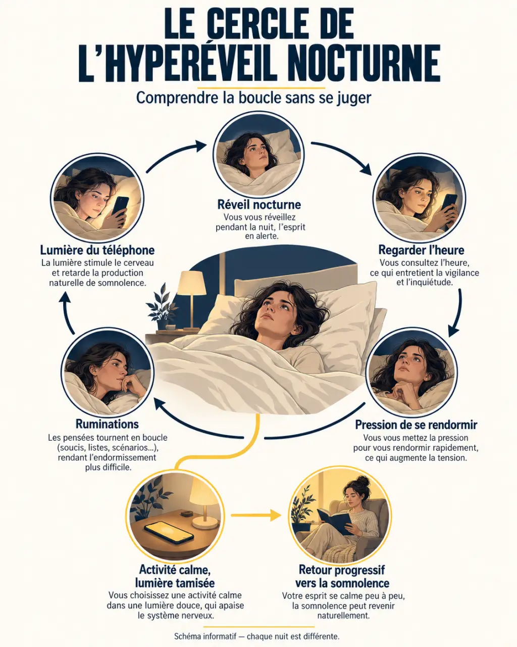 Schéma expliquant pourquoi je n’arrive pas à dormir et comment réduire l’hyperéveil nocturne