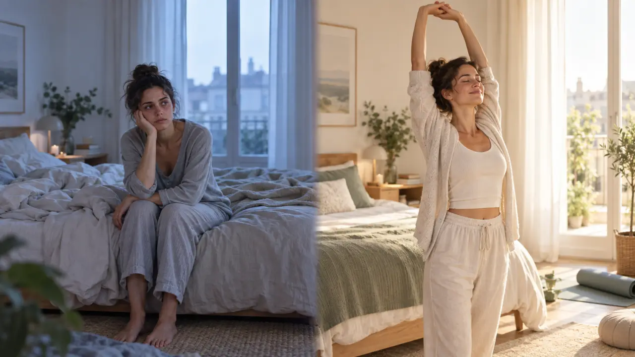 Personne apaisée dans une chambre lumineuse après une nuit reposante