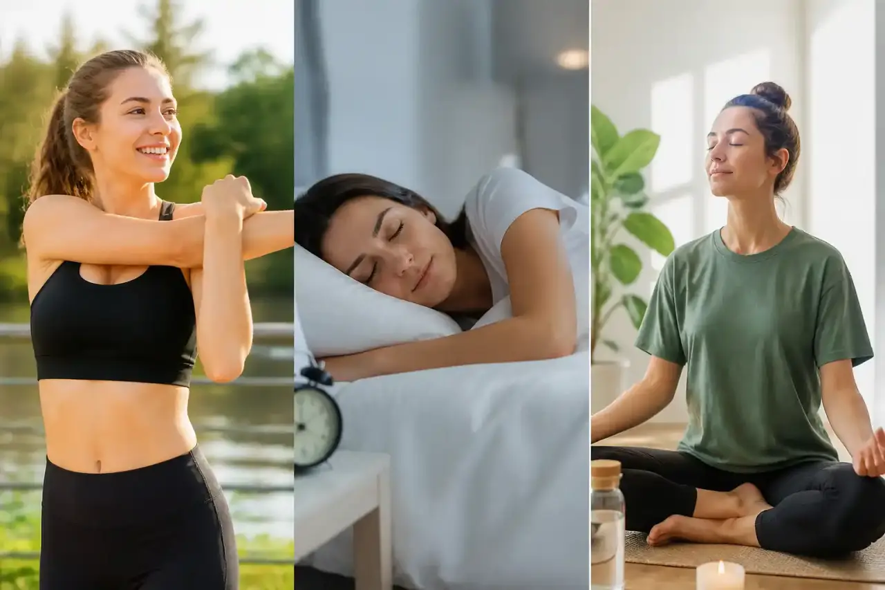 Routine bien-être lumineuse avec smoothie vert dans un salon moderne