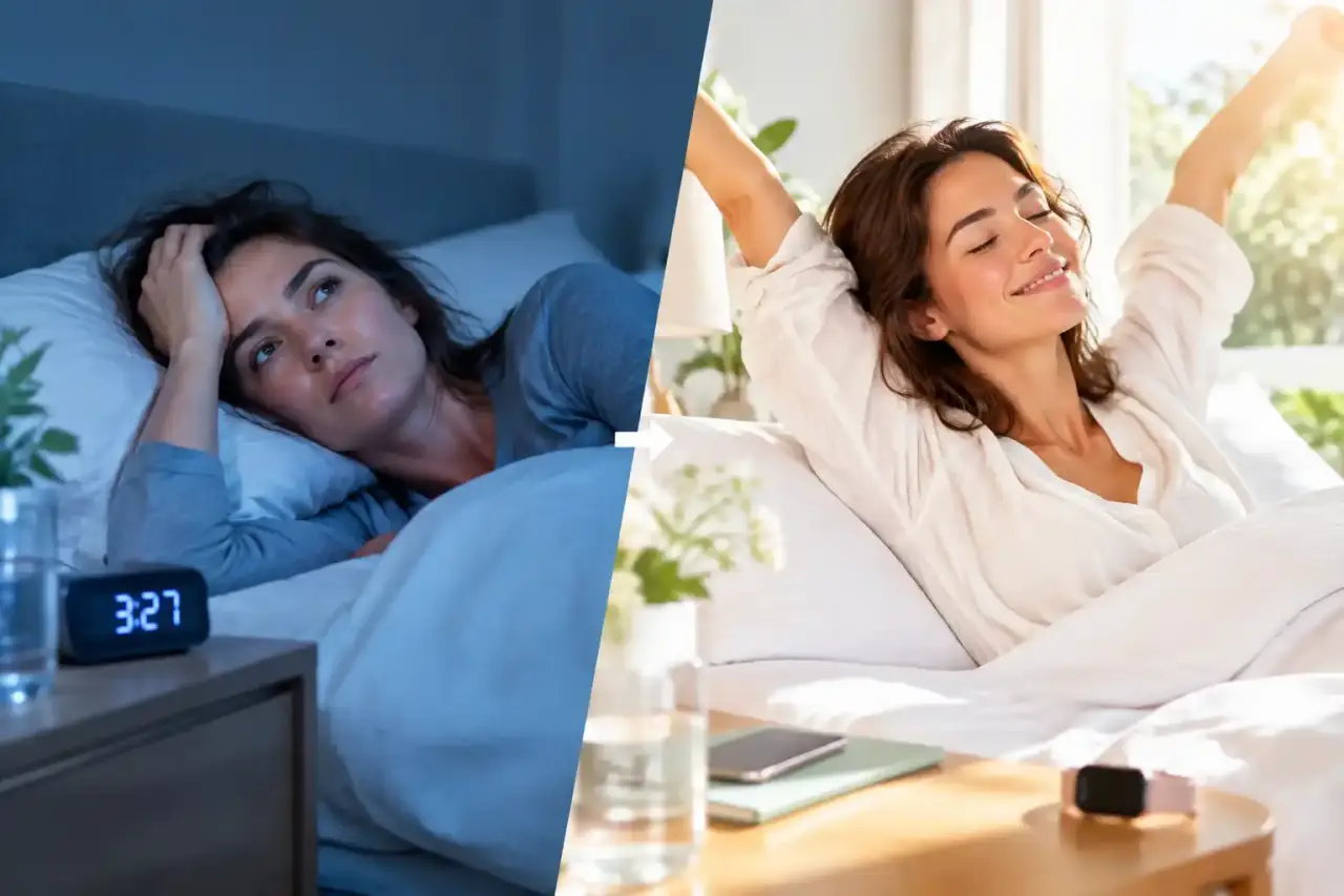 Personne reposée dans une chambre lumineuse au réveil