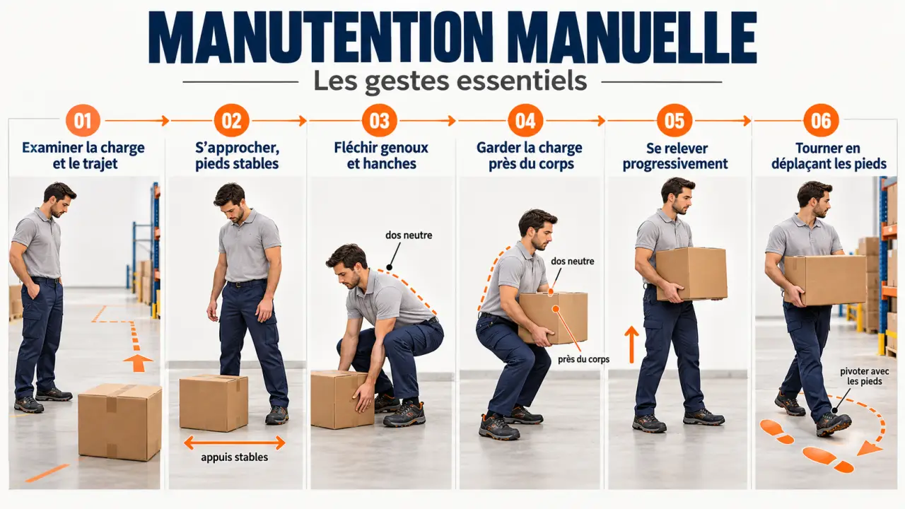 Illustration des gestes et postures pour soulever une charge au travail