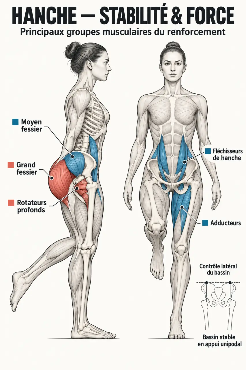 Schéma des muscles sollicités lors du renforcement musculaire de la hanche et de la stabilisation du bassin
