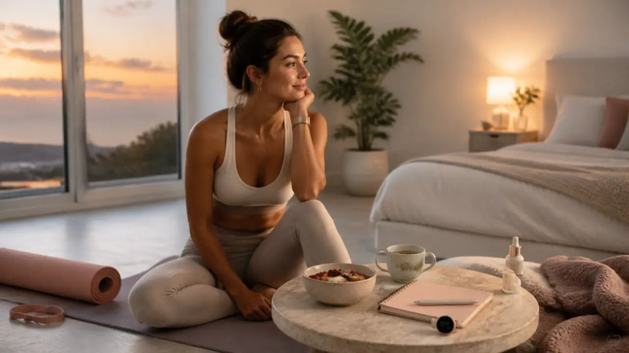 Personne souriante en tenue confortable buvant un smoothie vert dans un salon lumineux