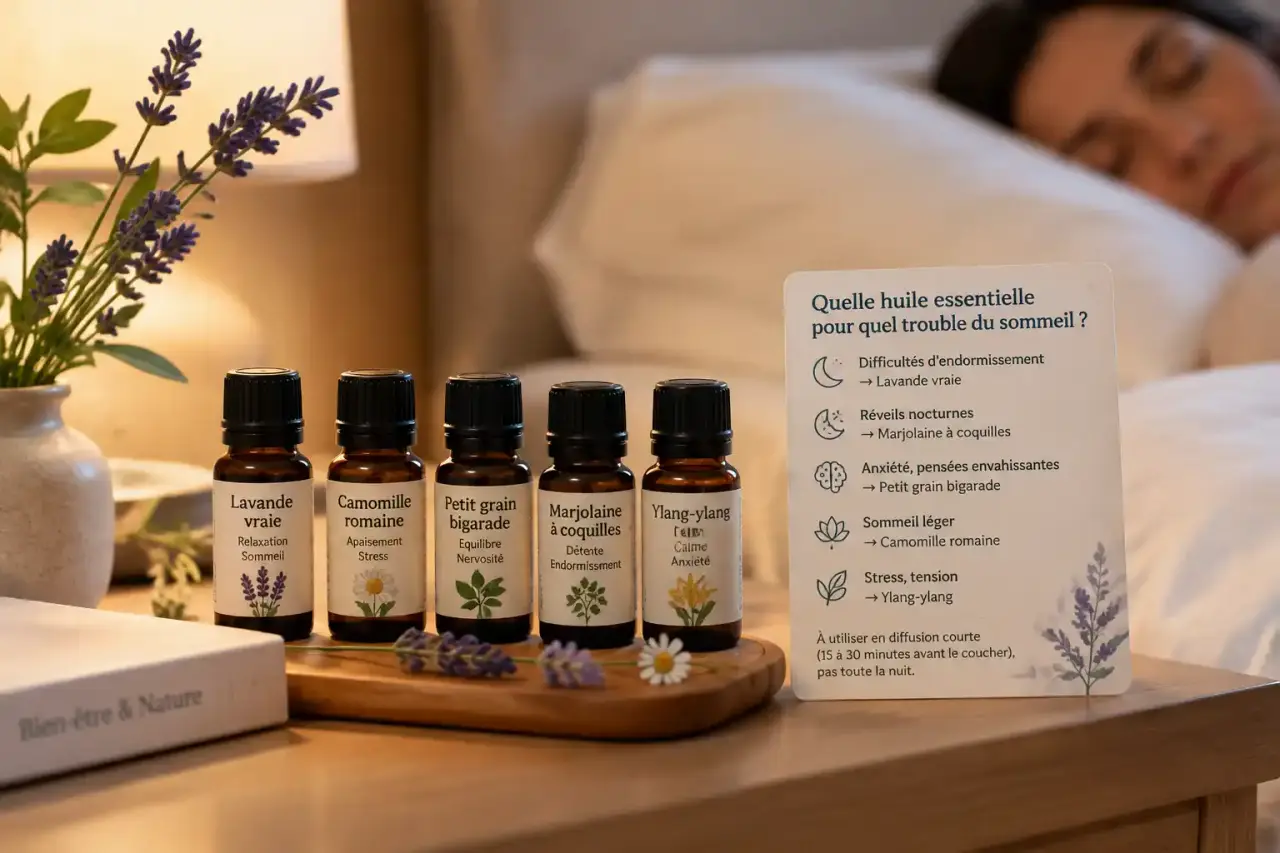 Huile essentielle pour dormir : choisir selon le trouble sans diffuser toute la nuit