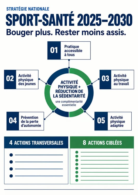 Infographie de la stratégie nationale Sport-Santé 2025-2030 présentant ses cinq objectifs et ses douze actions