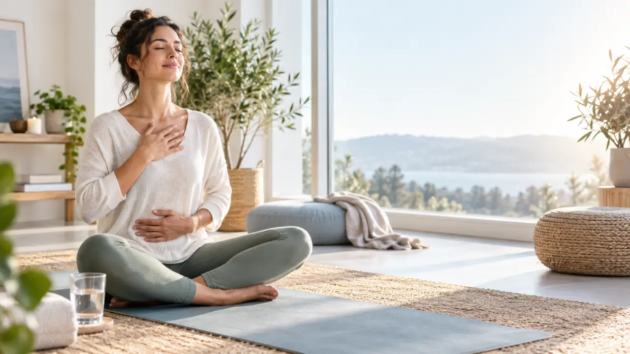Personne pratiquant une respiration calme dans un intérieur lumineux