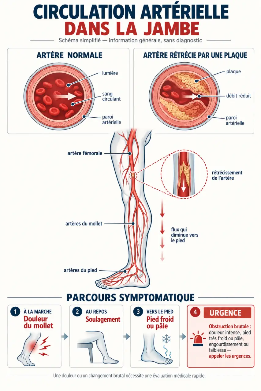 Symptômes d’une artère bouchée dans la jambe avec douleur à la marche et signes d’urgence