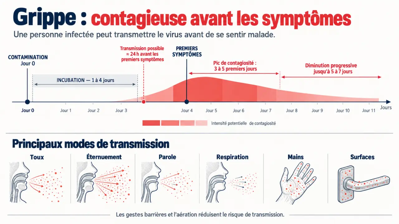 Infographie sur la contagion grippe avant symptômes et les périodes de transmission