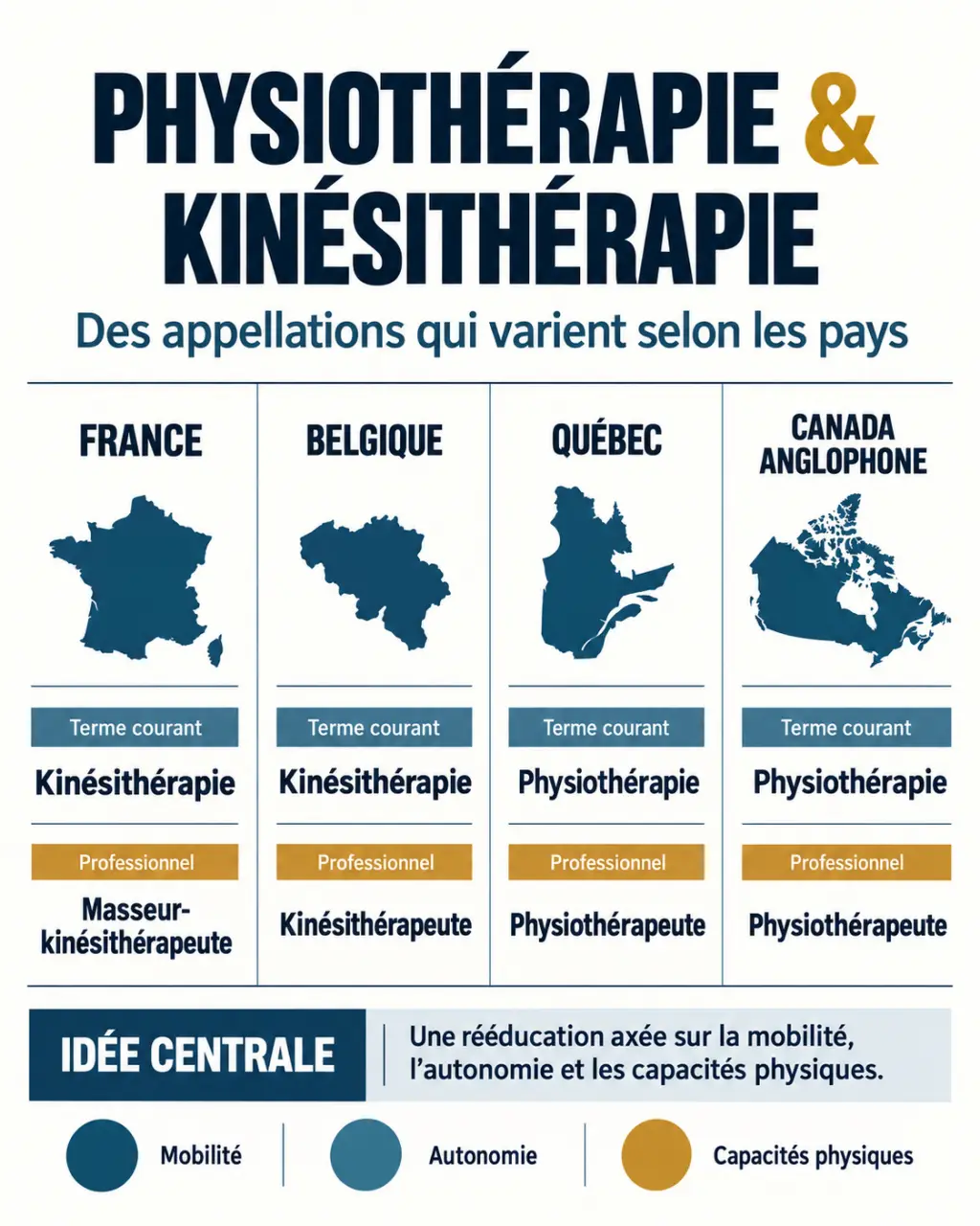 Infographie sur la physiothérapie définition et la différence avec la kinésithérapie selon les pays