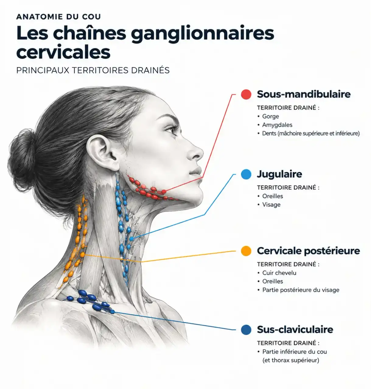 Schéma des chaînes ganglionnaires du cou et des zones drainées, pour comprendre un ganglion dans le cou douloureux