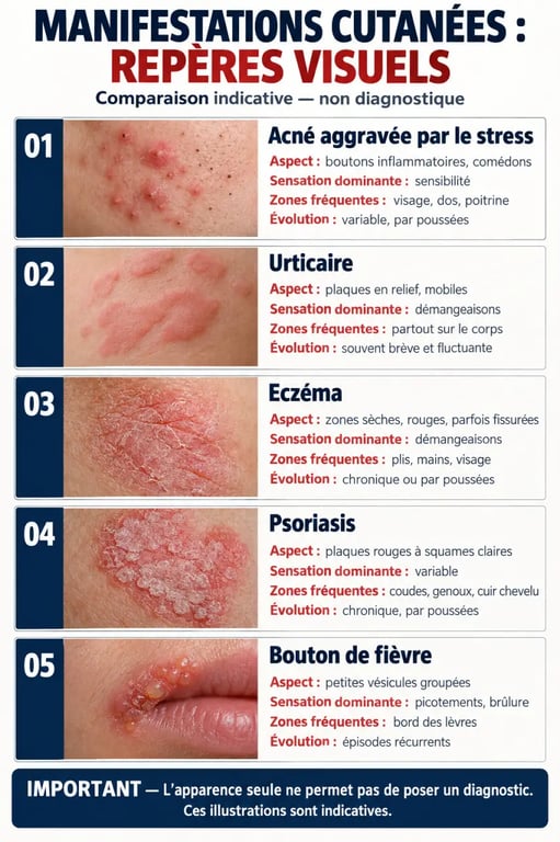 Boutons de stress sur le corps : différences entre acné, urticaire, eczéma, psoriasis et bouton de fièvre