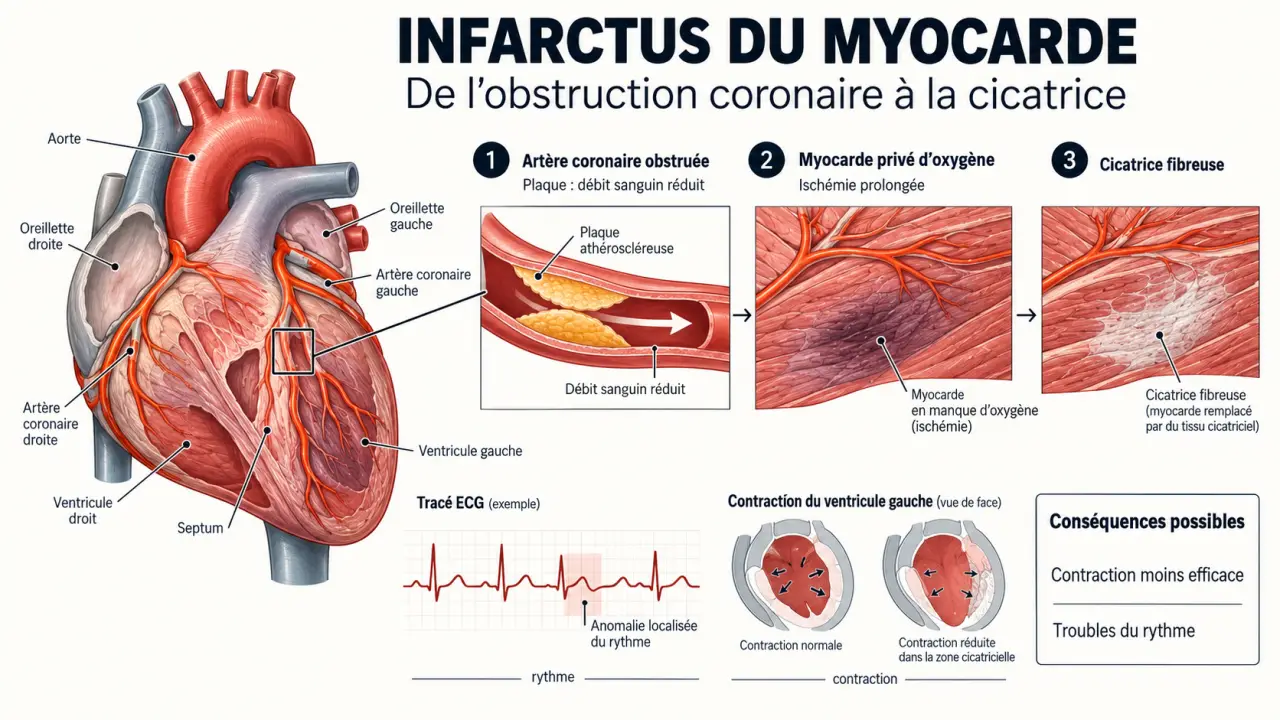 Infographie sur les conséquences d’un infarctus silencieux : artère coronaire obstruée, cicatrice du myocarde et risques cardiaques