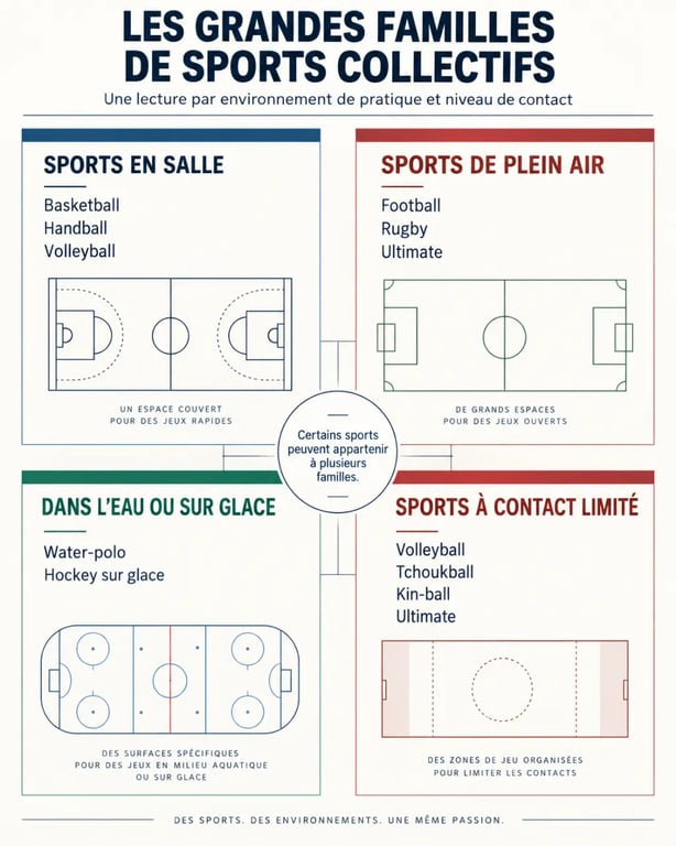 Infographie des principales familles de sports collectifs et de leurs exemples