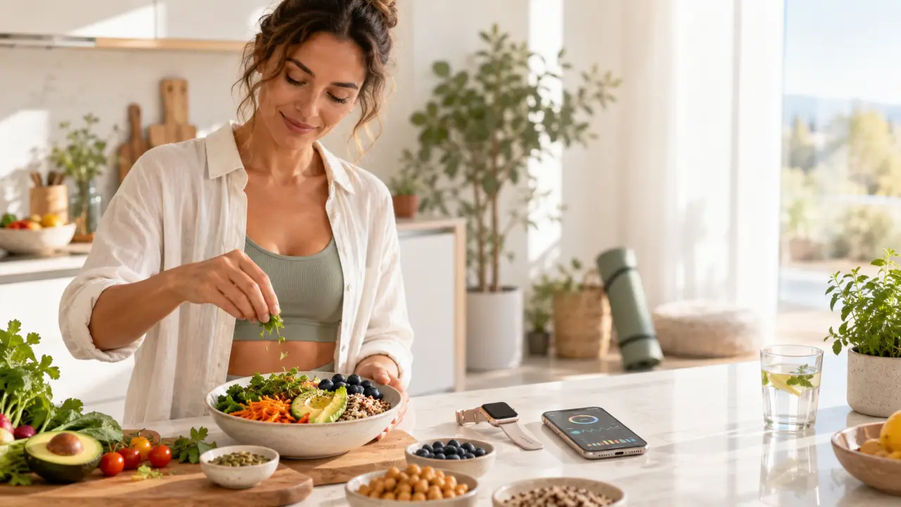 Assiette équilibrée composée de légumes, céréales et protéines, symbole d'une nutrition personnalisée