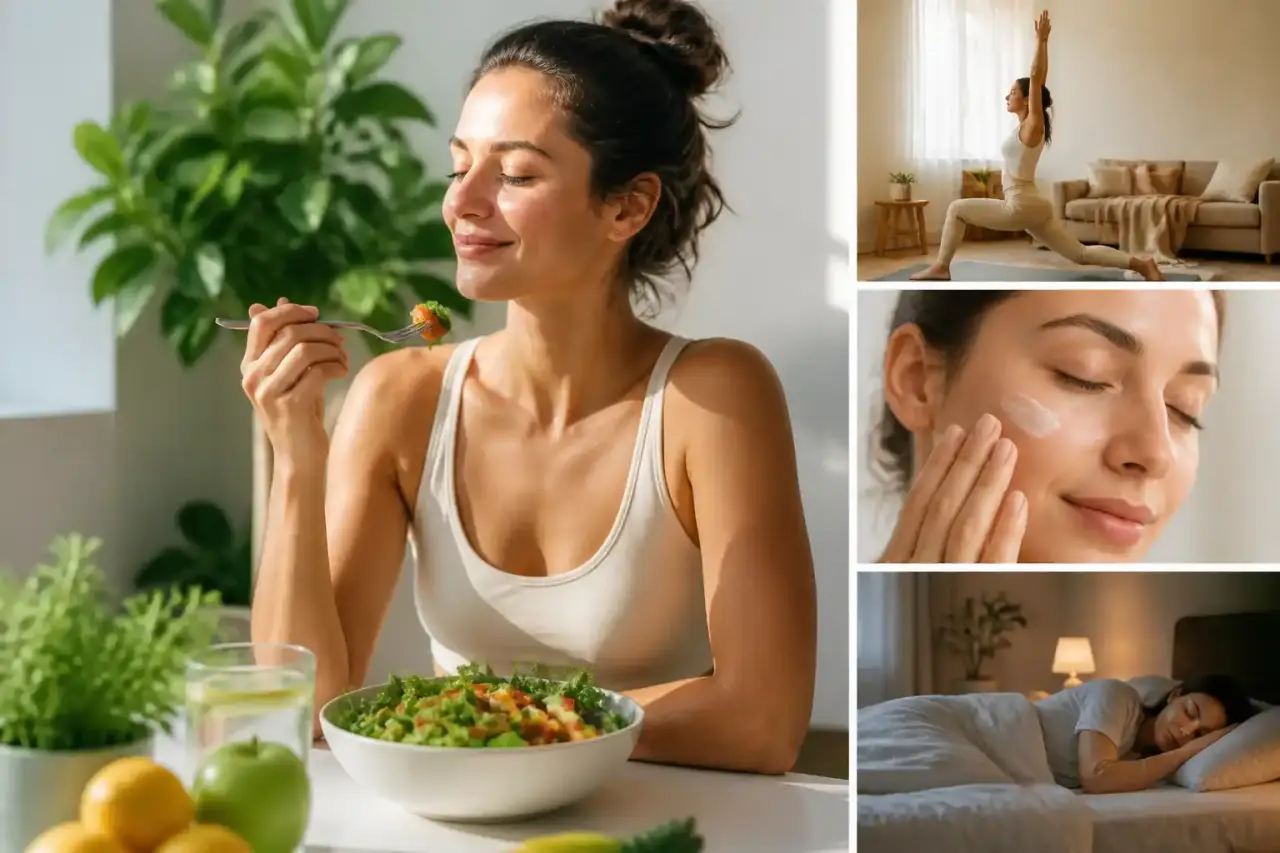 Une personne sereine savourant un repas sain dans une atmosphère douce et lumineuse