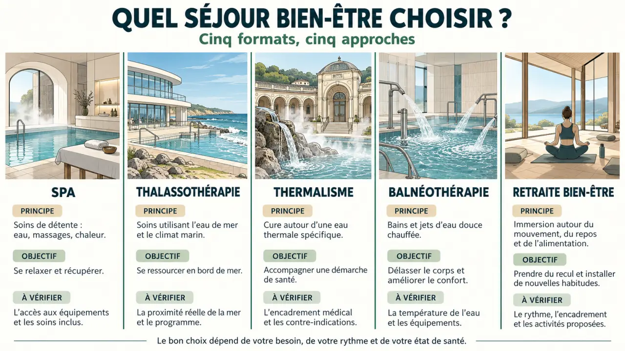 Infographie comparative des formats de séjour bien-être : spa, thalassothérapie, thermalisme, balnéothérapie et retraite bien-être