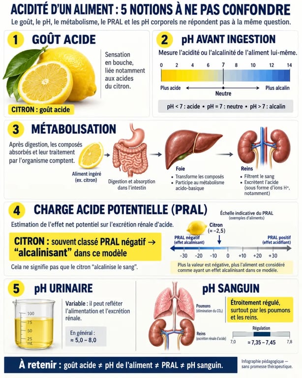 Infographie sur les aliments non acides, le pH alimentaire, le PRAL et le pH sanguin